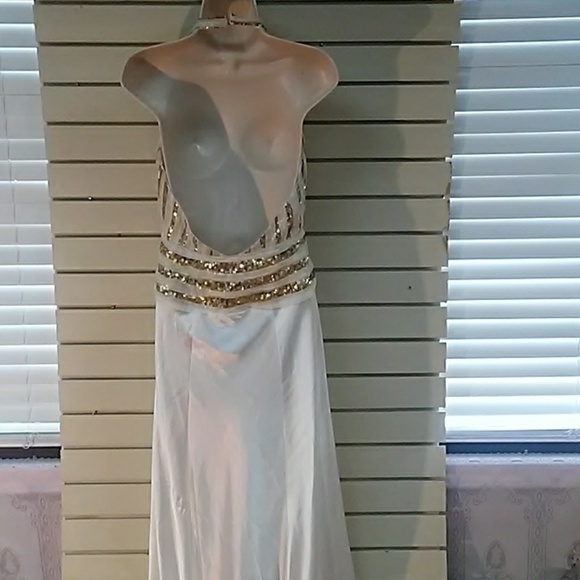 White with gold sequined trim backless formal - Picture 4 of 6